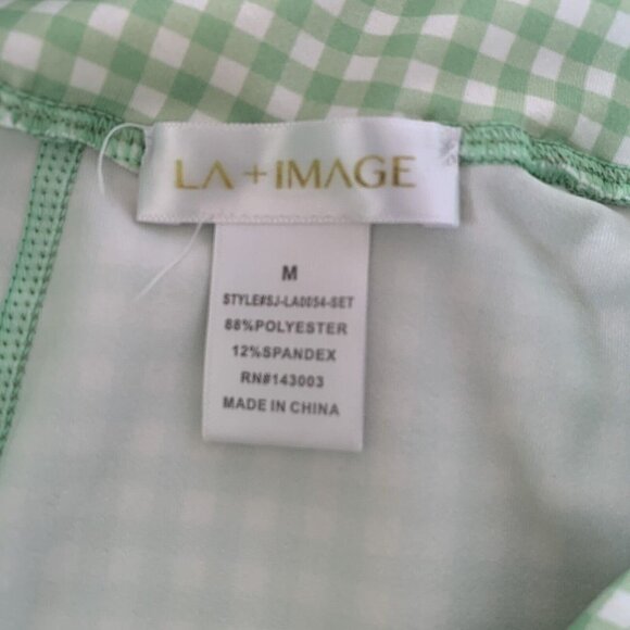 LA + Image Women’s Medium Leggings Green White Gingham Pants Excercise - Picture 8 of 9